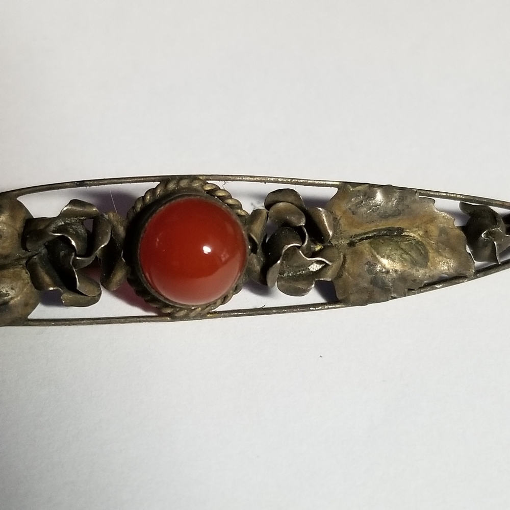 Antique bar pin arts and crafts style orange cabochon leaves - Picture 12 of 16